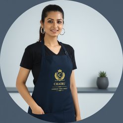 Priya Sharma, a South Asian woman, smiles while wearing a heavy-duty cotton drill apron in a circular portrait.