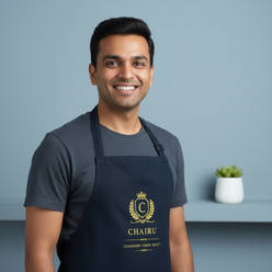 Portrait of Rahul Gupta, a South Asian man, smiling and wearing a charcoal cotton drill apron against a minimal slate blue ba