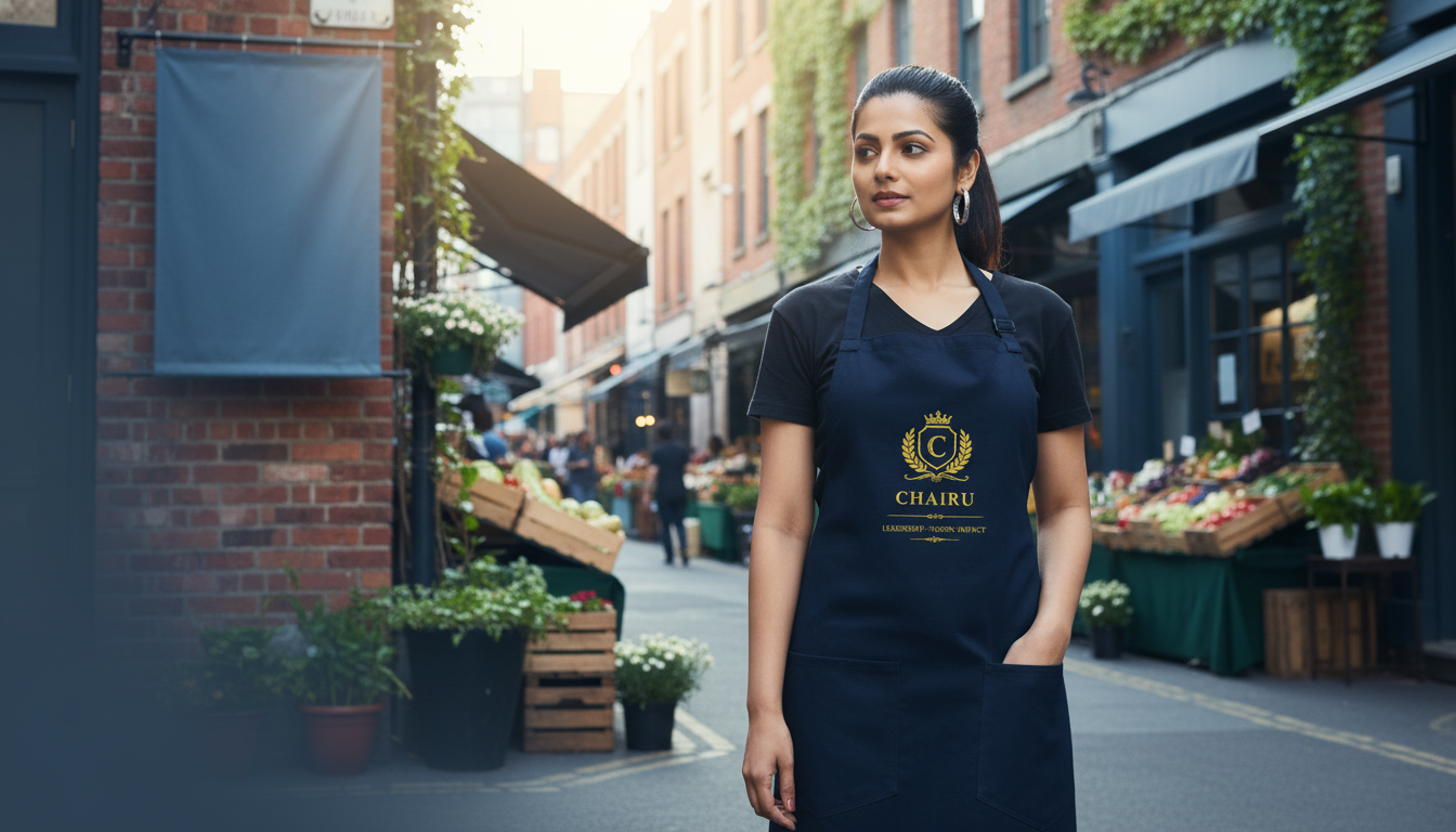 A South Asian woman wears a heavyweight cotton drill apron in a sunlit urban alleyway, looking thoughtful.