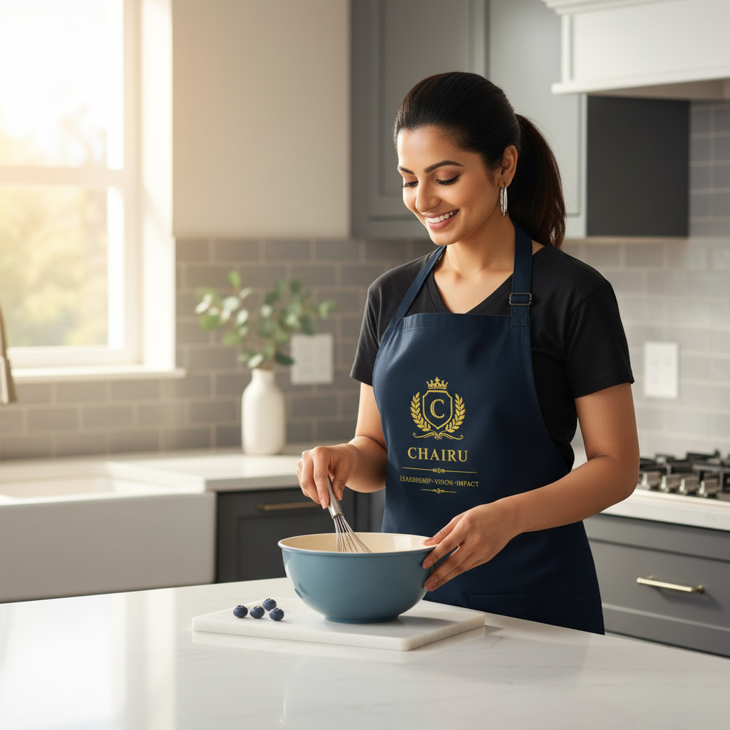 A South Asian woman in a slate blue cotton apron smiles while working in a modern, sunlit kitchen with white countertops.