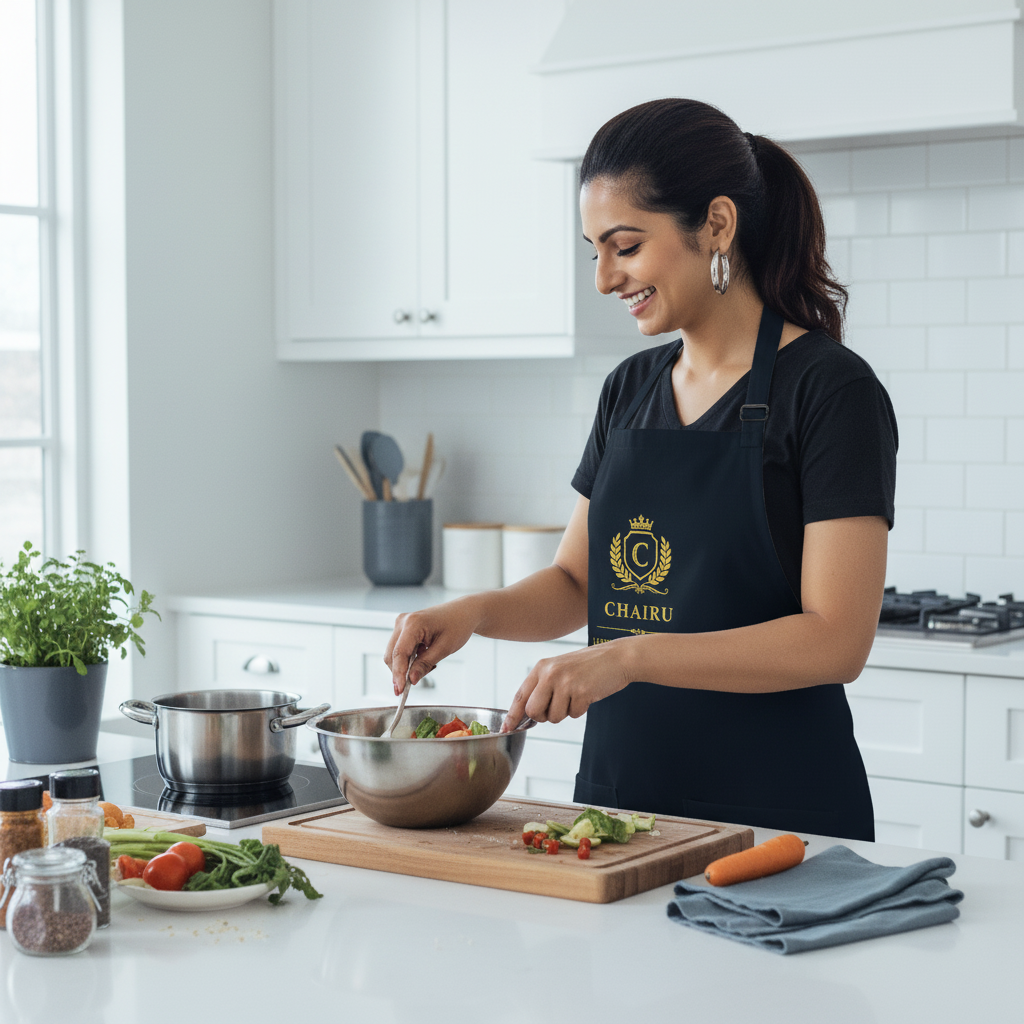 South Asian woman in a modern kitchen, smiling and cooking while wearing a heavyweight cotton drill apron. Slate blue and whi