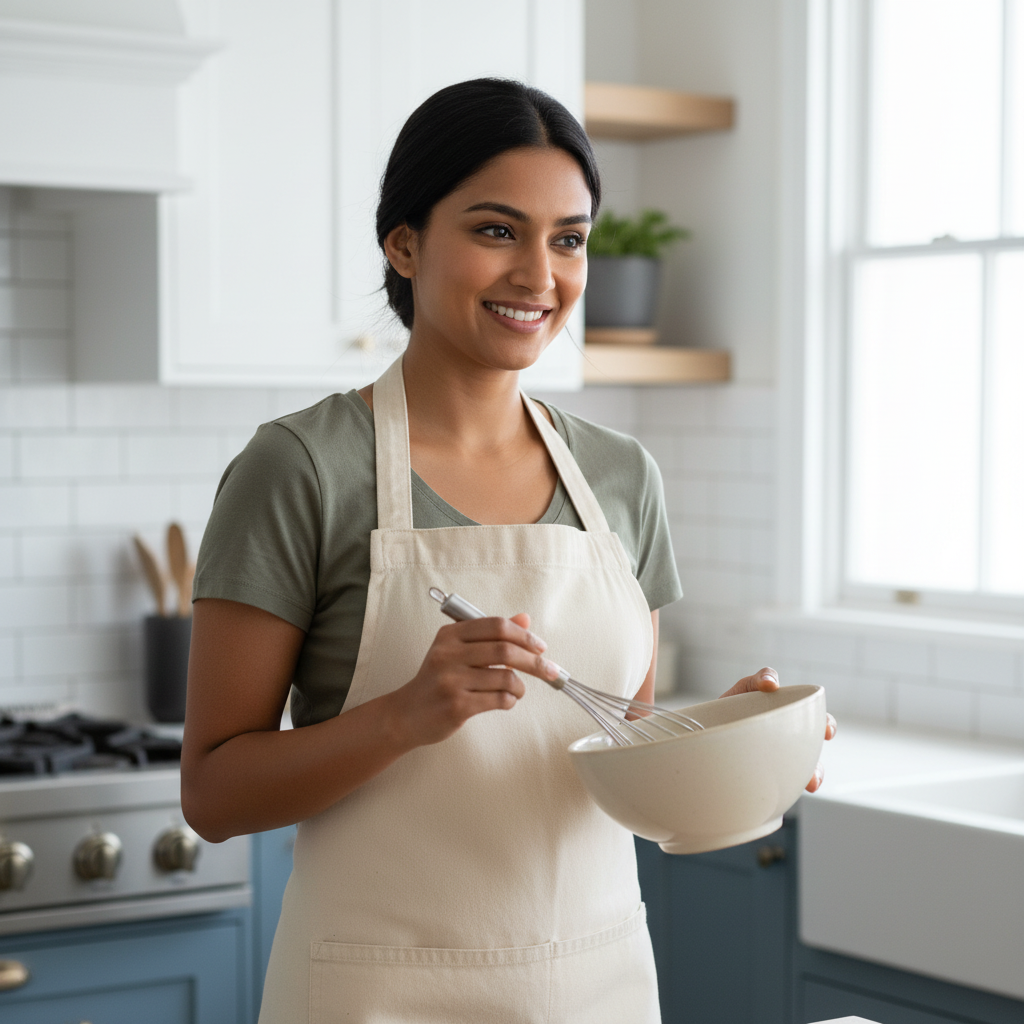 South Asian woman smiling, wearing a heavyweight cotton drill apron, holding a mixing bowl and whisk in a kitchen.
