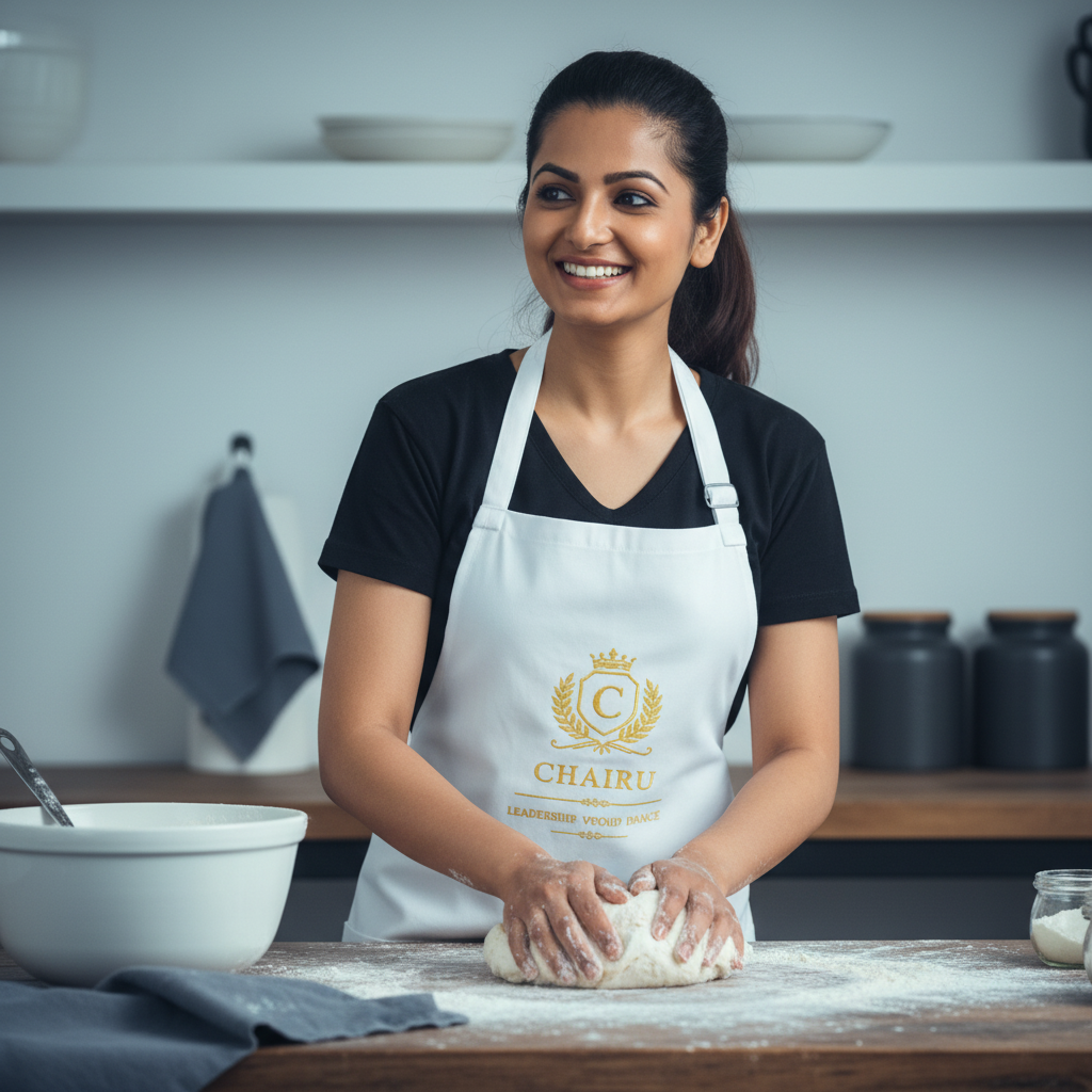 A South Asian woman in her 30s smiles while kneading dough in a kitchen, wearing a heavyweight cotton drill apron.