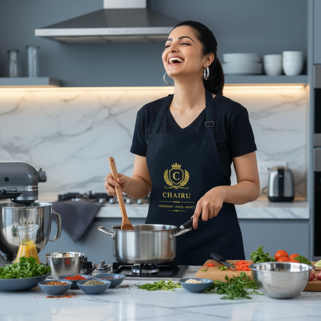 South Asian woman in a modern kitchen, laughing while wearing a heavyweight cotton drill apron and cooking with ingredients a