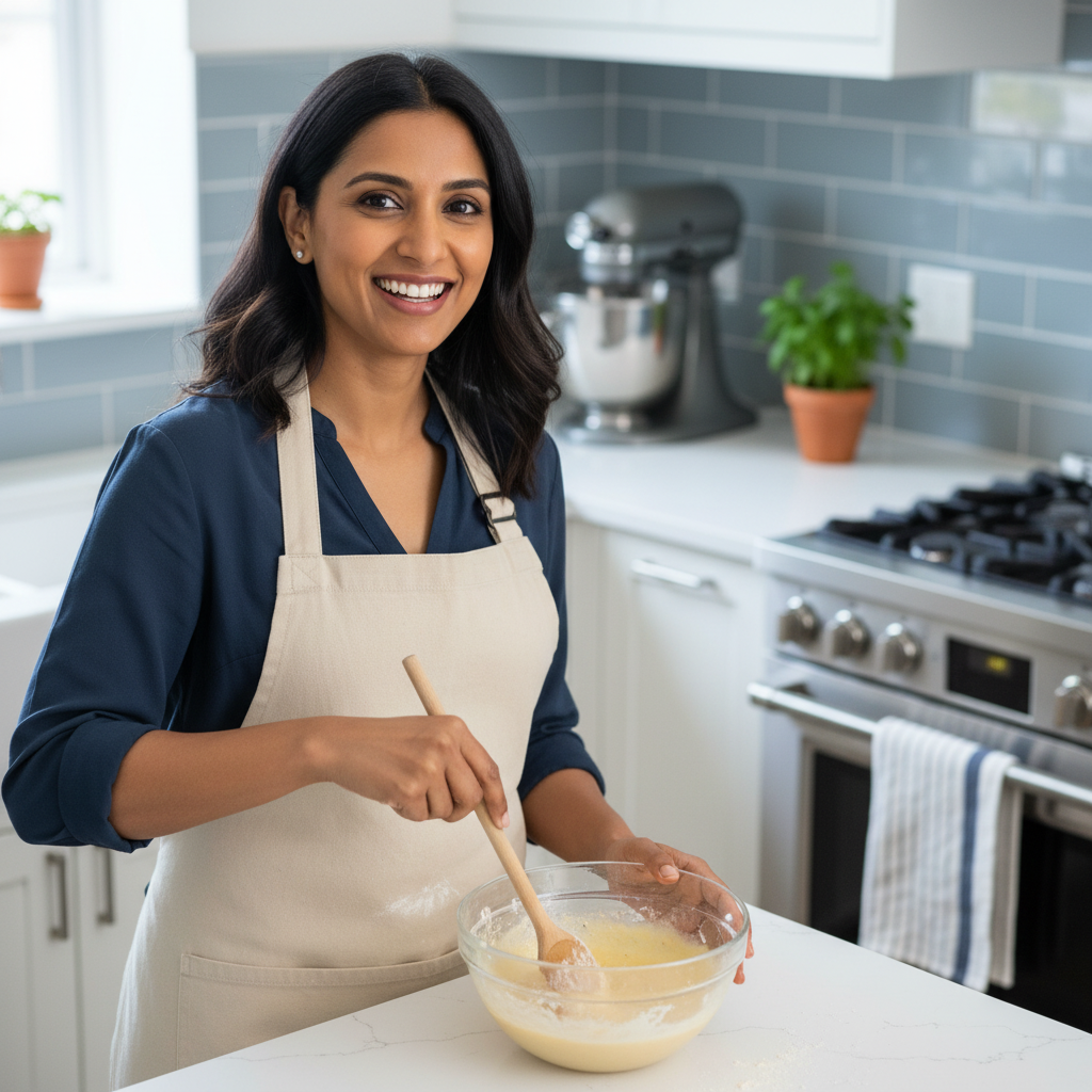 South Asian woman in a heavyweight cotton drill apron, smiling while cooking in a modern kitchen with slate blue and white ac