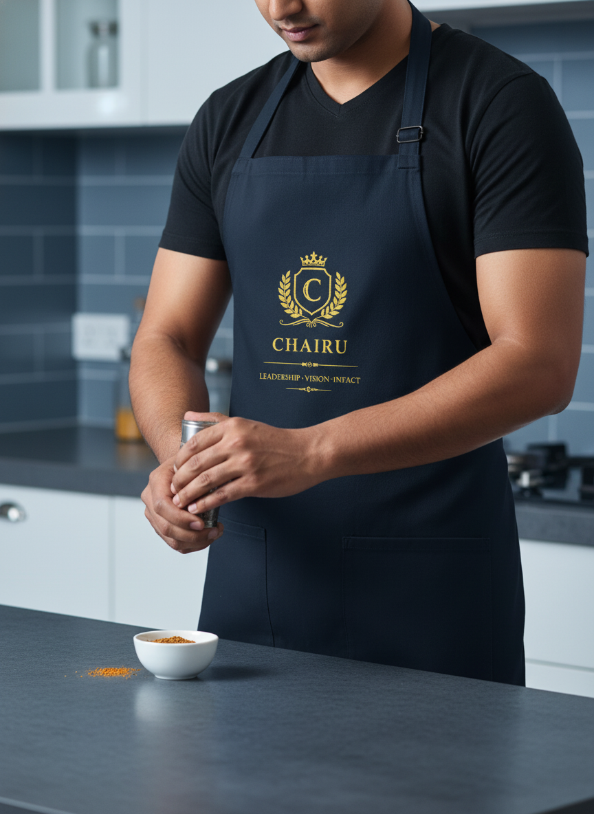 Close-up of a South Asian chef wearing a heavy cotton drill apron in a modern Indian kitchen, with a white ceramic bowl in th
