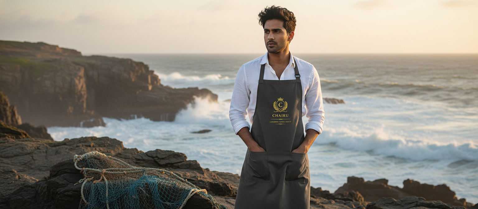 South Asian man in a charcoal cotton drill apron over a white shirt, standing on a windswept coast at sunset.
