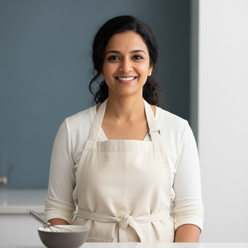 Anjali Singh, a South Asian woman, smiles genuinely in a professional portrait, wearing a heavyweight cotton drill apron. The