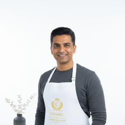 Portrait of Vikram Patel, a South Asian man, smiling and wearing a heavyweight cotton drill apron against a clean white backg