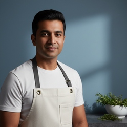 Portrait of Rohan Mehra, a South Asian man, wearing a heavyweight cotton drill apron, smiling against a slate blue background