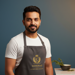 Portrait of Siddharth Rao, a South Asian man in his 30s, smiling and wearing a heavyweight cotton drill apron in a clean stud