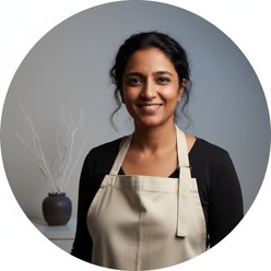 Aditi Verma, a South Asian woman, smiles in a circular portrait, wearing a natural-colored cotton drill apron against a clean