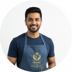 Circular portrait of Sameer Khan, a South Asian man, smiling and wearing a slate blue cotton drill apron against a bright whi